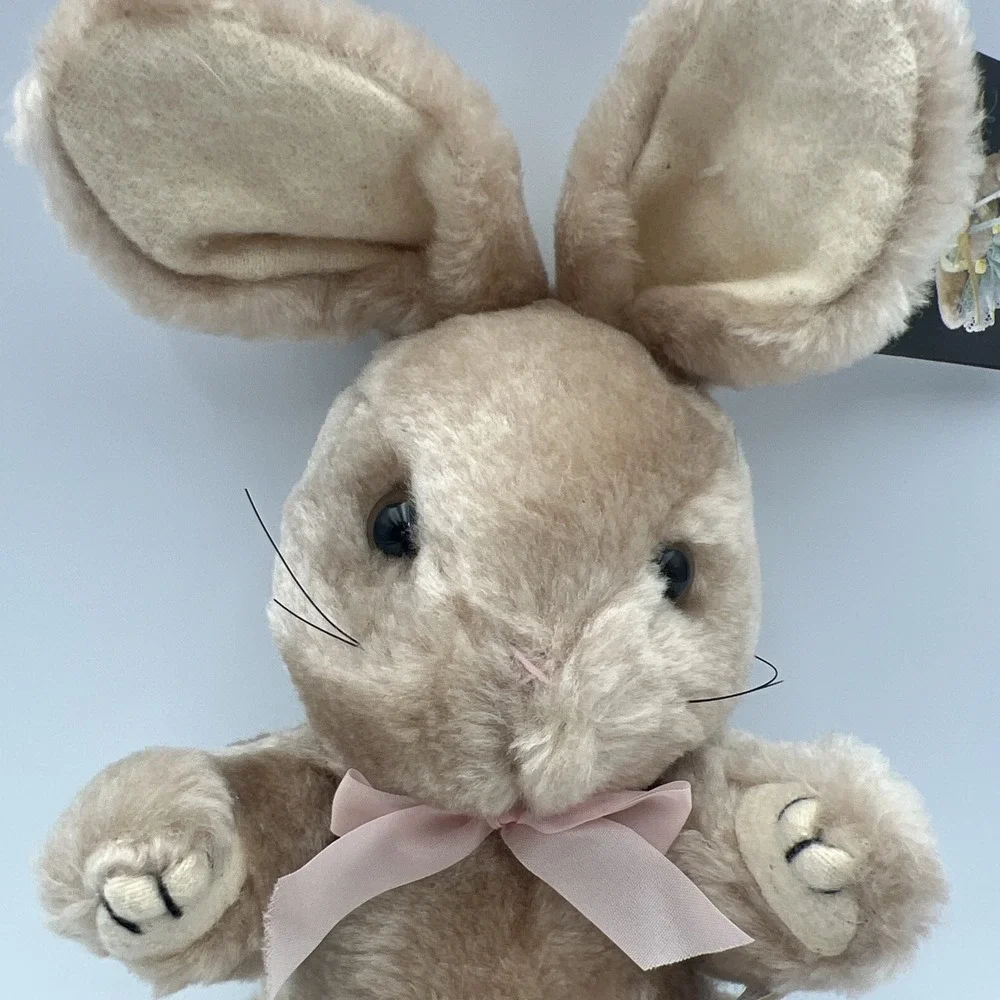 Vintage Tan‎ Beige Bunny Rabbit Pink Bow Plush Jointed 8